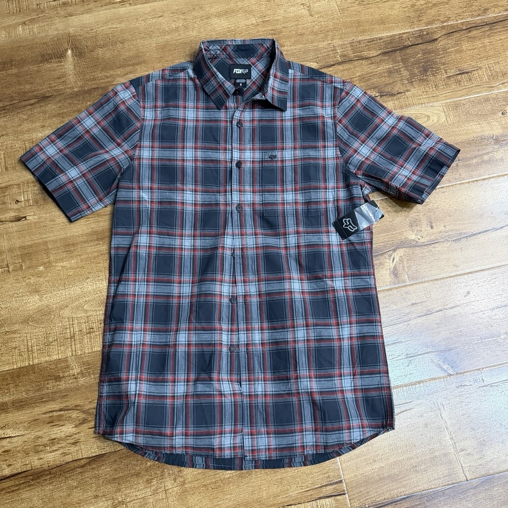 Fox Racing Mens Plaid Short Sleeve Button Down Shirt Grey Black Red Sz Small